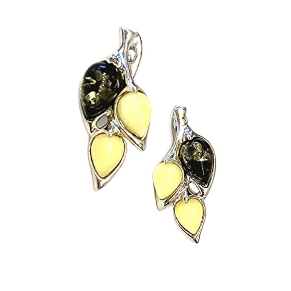 Oorbellen barnsteen 3 bladeren in sterling zilver 925, 2-kleurig - wit boterscotch en groen, zilveren oorbellen barnsteen, winter 2022 collectie